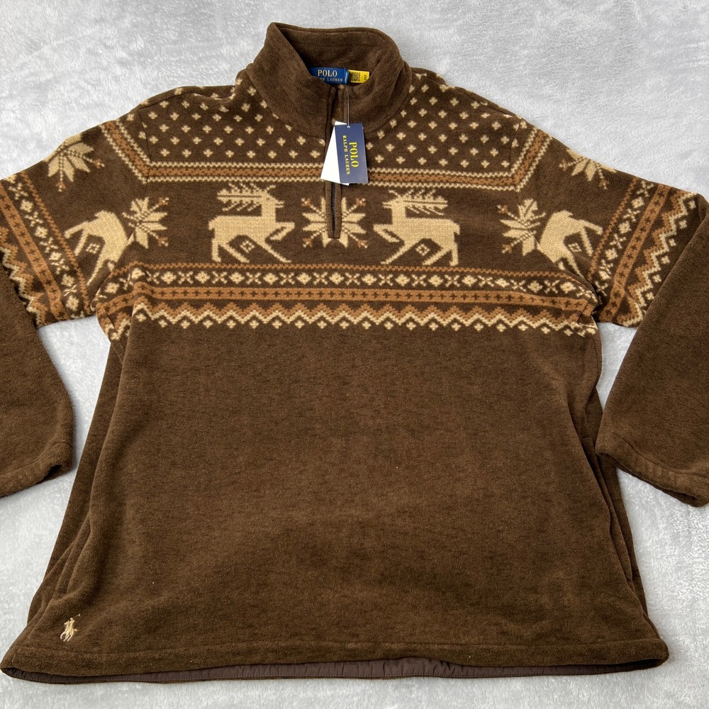Polo Ralph Lauren Fair Isle Reindeer Fleece XXL Brown Men Quarter Zip Pullover